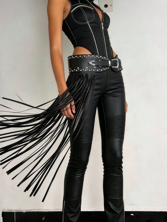 Coffee Y2K Chic Women\'s Faux Leather Fringe Punk Rivet Belt with Alloy Buckle main image 6